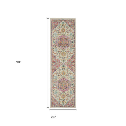 8' Pink And Ivory Southwestern Distressed Runner Rug