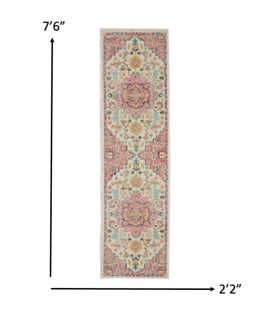 8' Pink And Ivory Southwestern Dhurrie Runner Rug