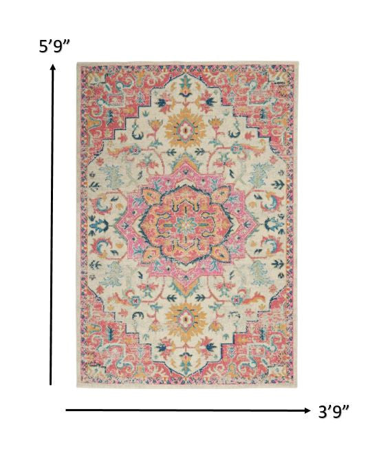 5' X 7' Pink And Ivory Southwestern Dhurrie Area Rug