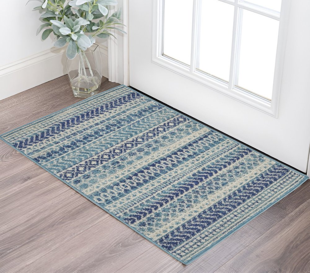 2' X 3' Blue And Ivory Striped Area Rug