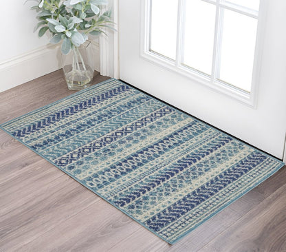 2' X 3' Blue And Ivory Striped Area Rug