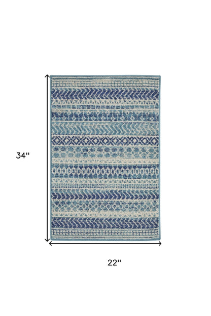 2' X 3' Blue and Ivory Striped Power Loom Area Rug