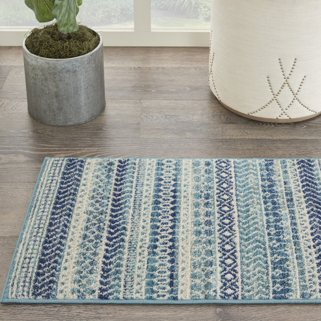 2' X 3' Blue and Ivory Striped Power Loom Area Rug