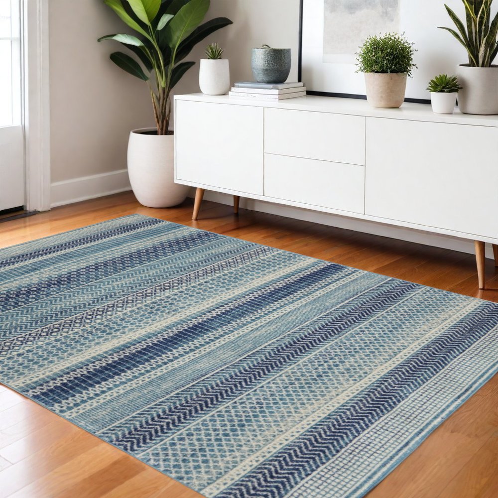 4' X 6' Navy Blue And Ivory Southwestern Area Rug
