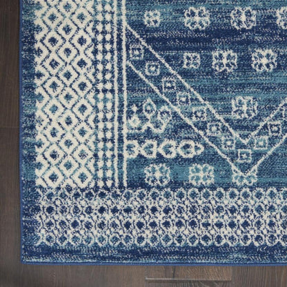 8' Navy Blue And Ivory Tribal Runner Rug