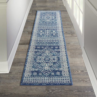 8' Navy Blue And Ivory Tribal Runner Rug
