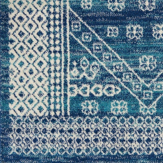 8' Navy Blue And Ivory Tribal Runner Rug