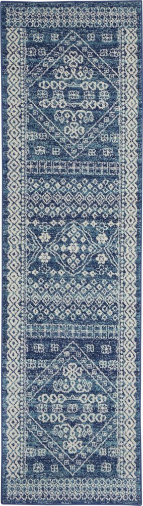 8' Navy Blue And Ivory Tribal Runner Rug