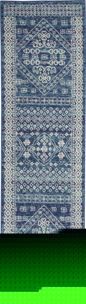 8' Navy Blue And Ivory Tribal Runner Rug