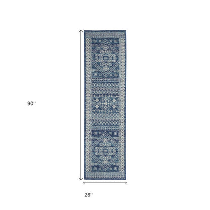 8' Navy Blue And Ivory Tribal Runner Rug