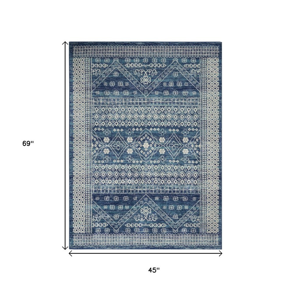 5' X 7' Navy Blue And Ivory Tribal Area Rug