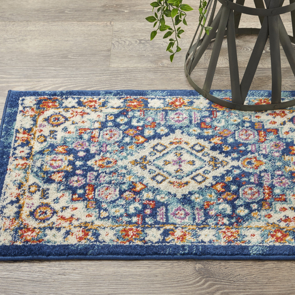 8' Blue And Ivory Power Loom Runner Rug