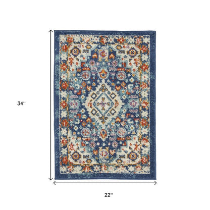 2' X 3' Blue And Ivory Medallion Area Rug