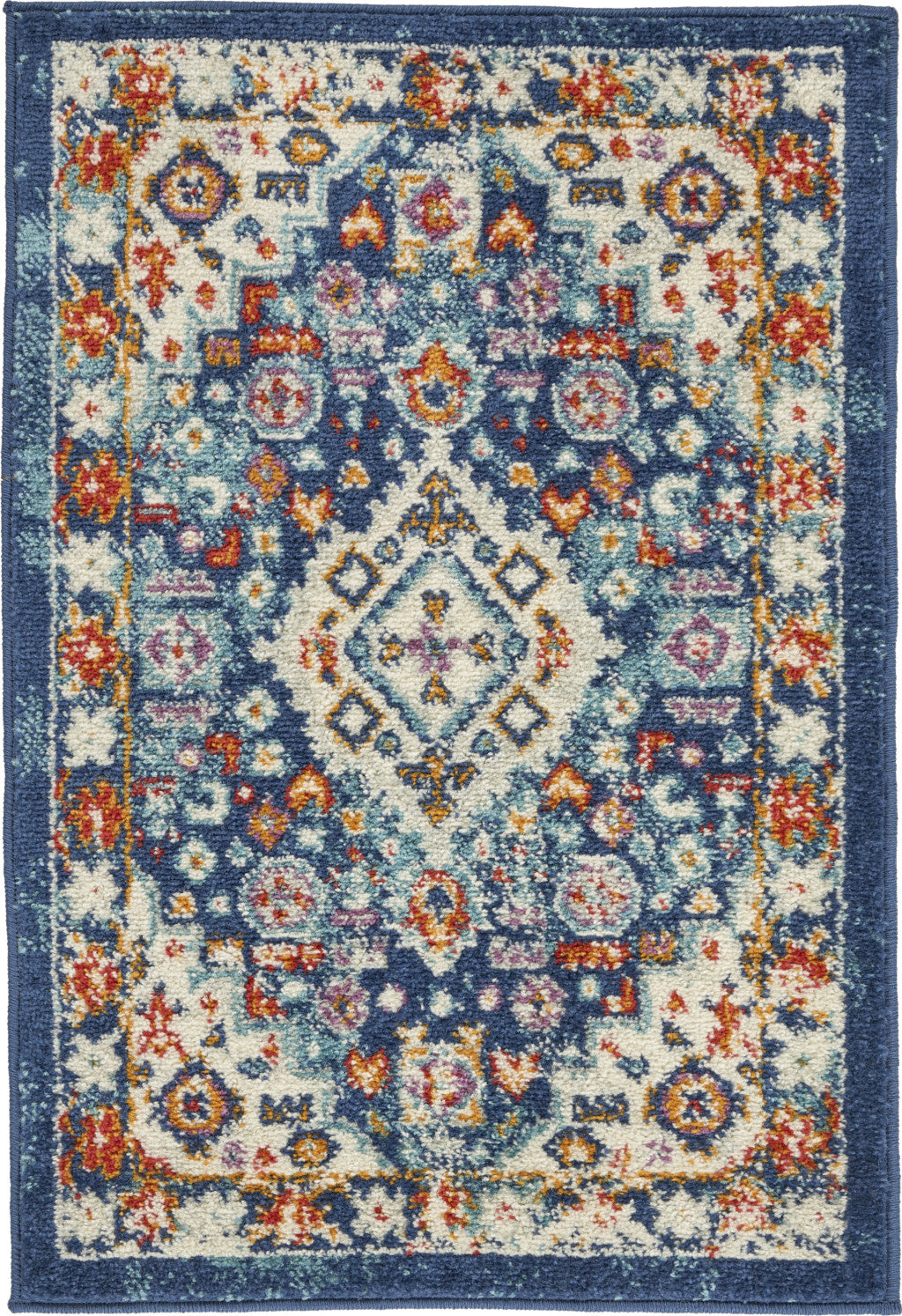 8' Blue And Ivory Power Loom Runner Rug