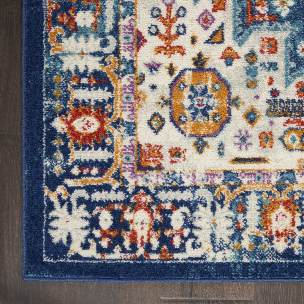 8' Blue And Ivory Power Loom Runner Rug