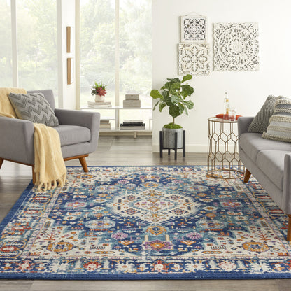 8' Blue And Ivory Power Loom Runner Rug