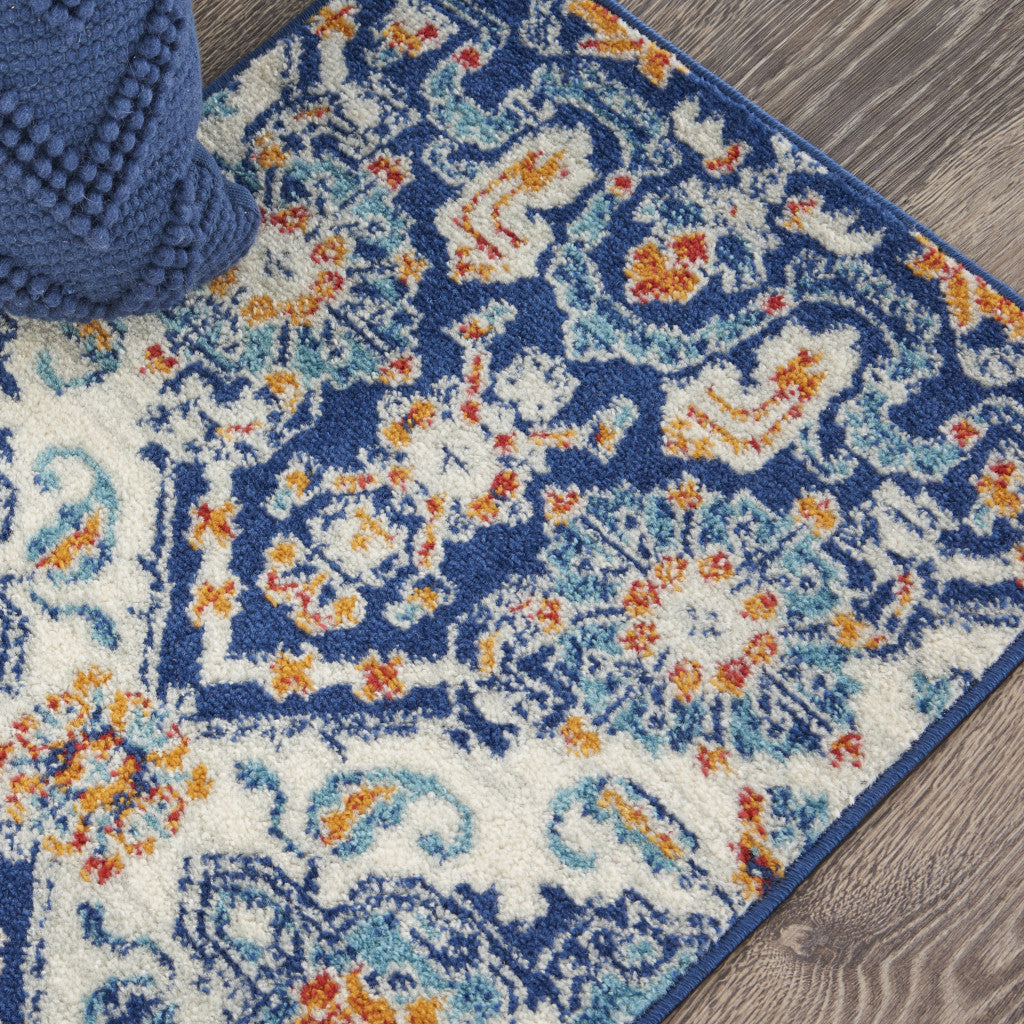 8' Blue And Ivory Floral Power Loom Runner Rug