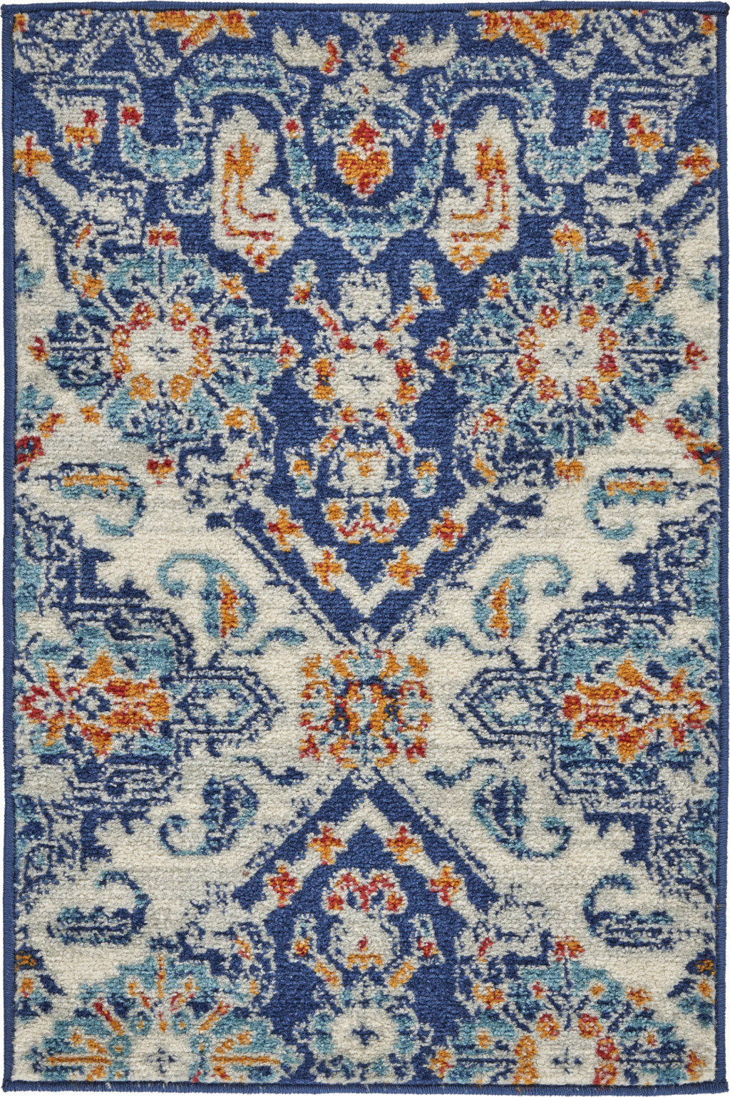 8' Blue And Ivory Floral Power Loom Runner Rug