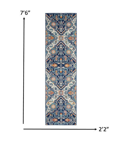 8' Blue And Ivory Floral Power Loom Runner Rug