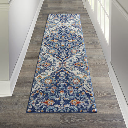 8' Blue And Ivory Floral Power Loom Runner Rug