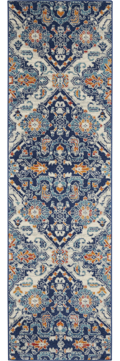 8' Blue And Ivory Floral Power Loom Runner Rug