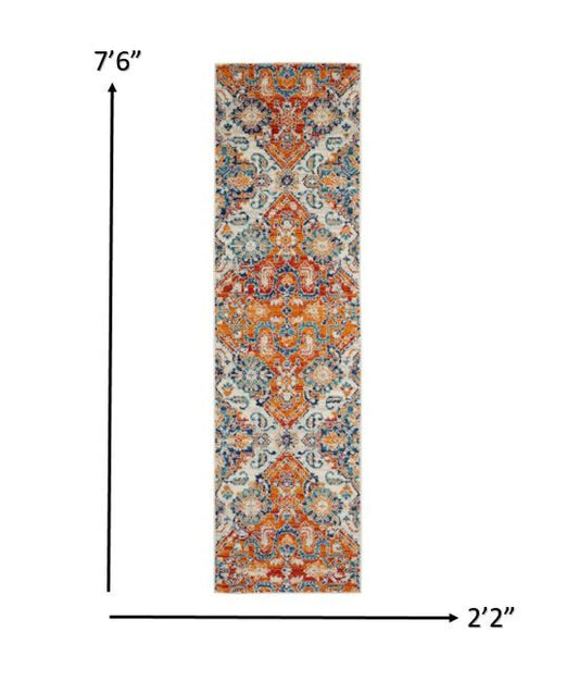 8' Orange And Ivory Floral Power Loom Runner Rug