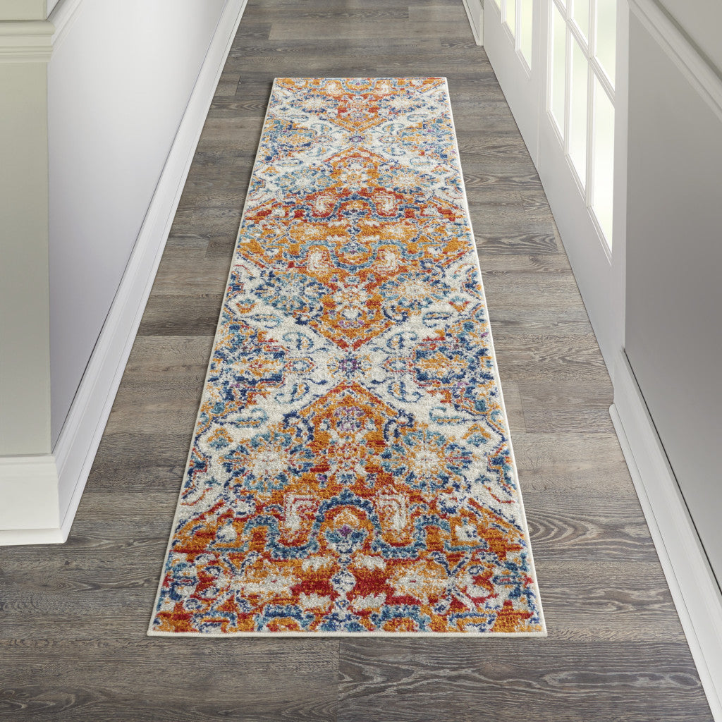 8' Orange And Ivory Floral Power Loom Runner Rug