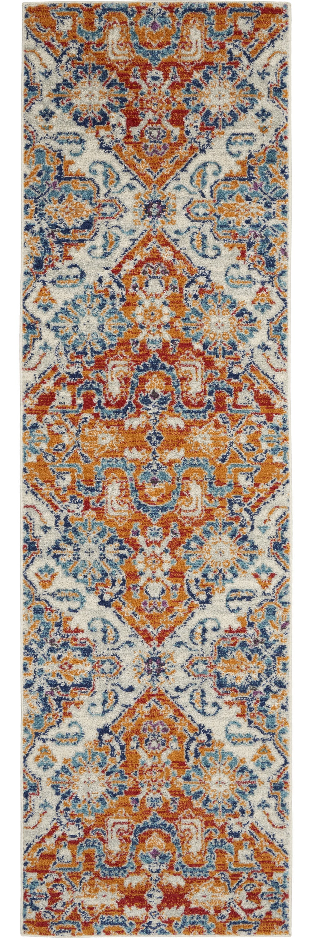 8' Orange And Ivory Floral Power Loom Runner Rug