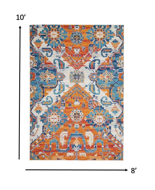 8' X 10' Orange And Ivory Floral Power Loom Area Rug