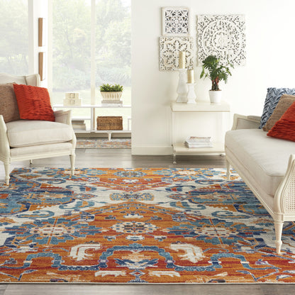 8' X 10' Orange And Ivory Floral Power Loom Area Rug