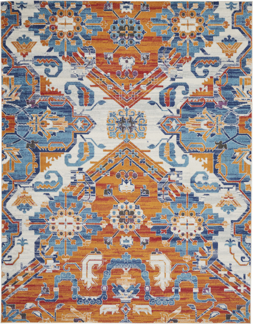 8' X 10' Orange And Ivory Floral Power Loom Area Rug