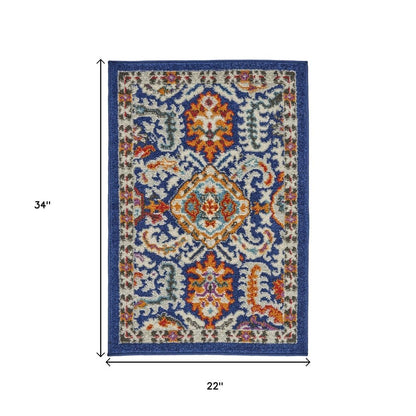 2' X 3' Blue And Ivory Oriental Area Rug