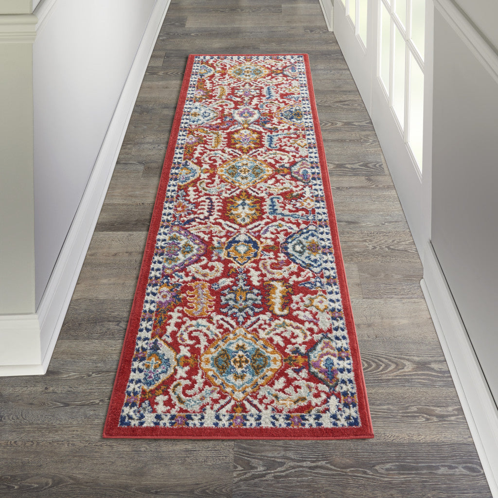 8' Red And Ivory Damask Power Loom Runner Rug