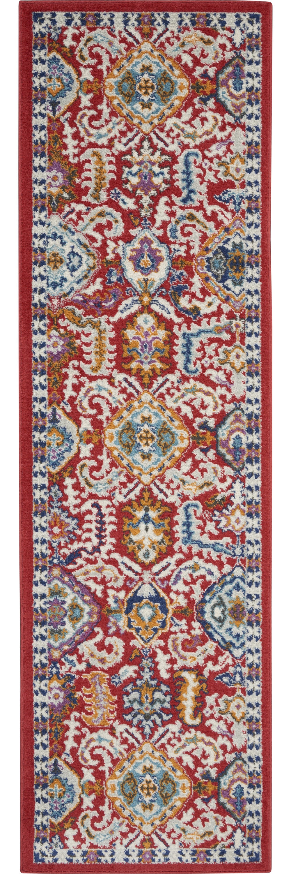 8' Red And Ivory Damask Power Loom Runner Rug