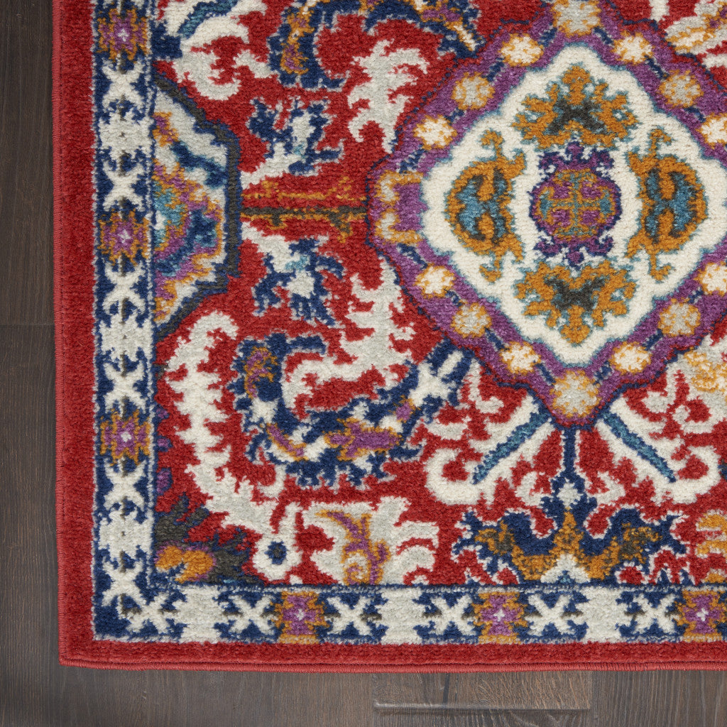 4' X 6' Red And Ivory Damask Power Loom Area Rug