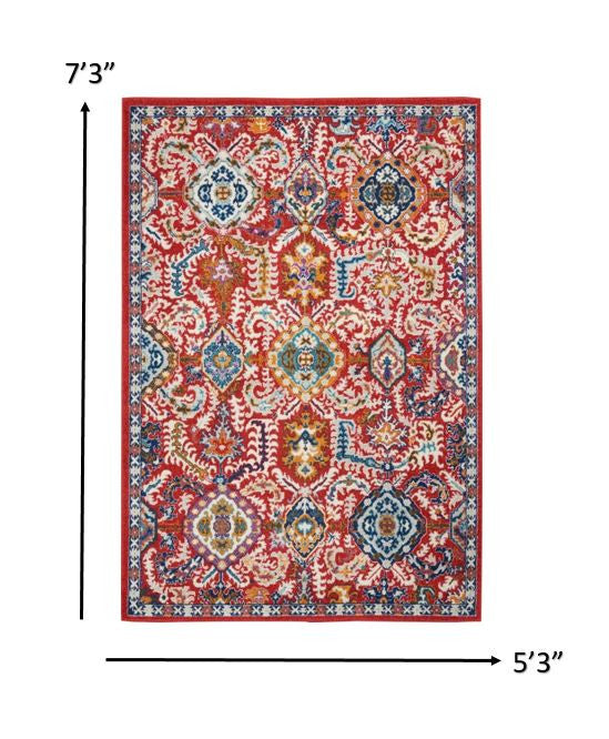 8' Red And Ivory Damask Power Loom Runner Rug