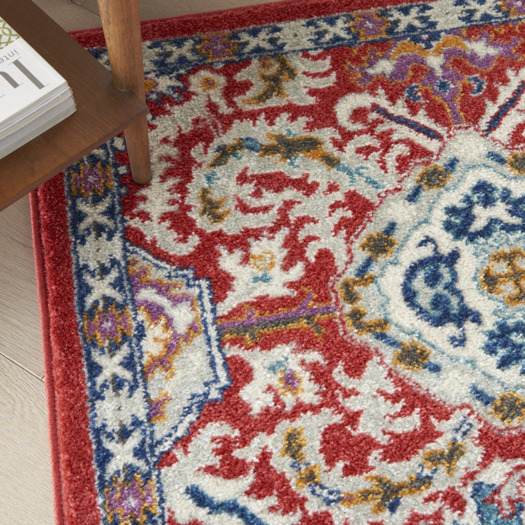 8' Red And Ivory Damask Power Loom Runner Rug