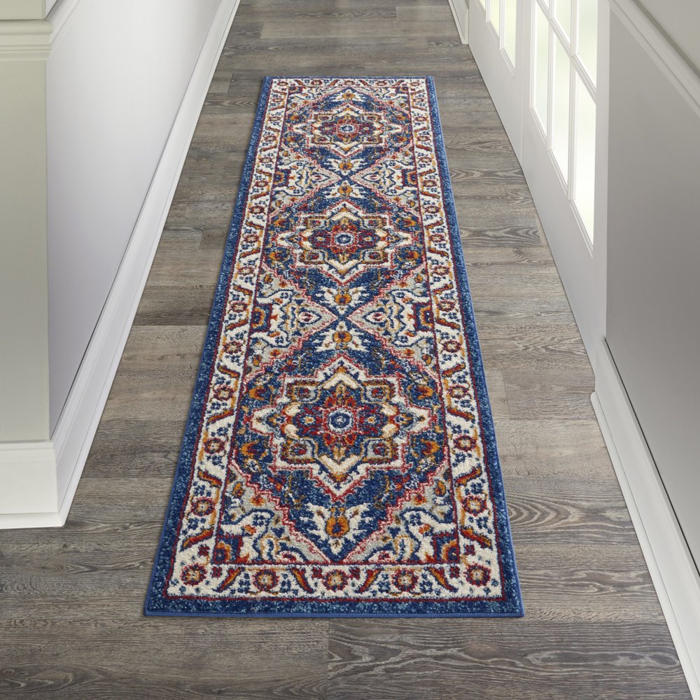 8' Blue And Ivory Medallion Distressed Runner Rug