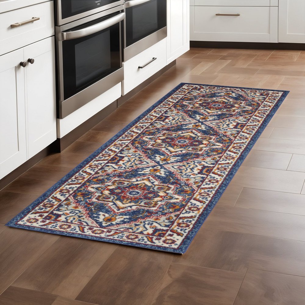 8' Blue And Ivory Medallion Distressed Runner Rug