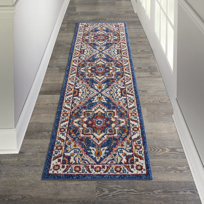 8' Blue And Ivory Power Loom Runner Rug