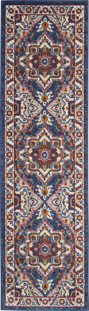 8' Blue And Ivory Medallion Distressed Runner Rug