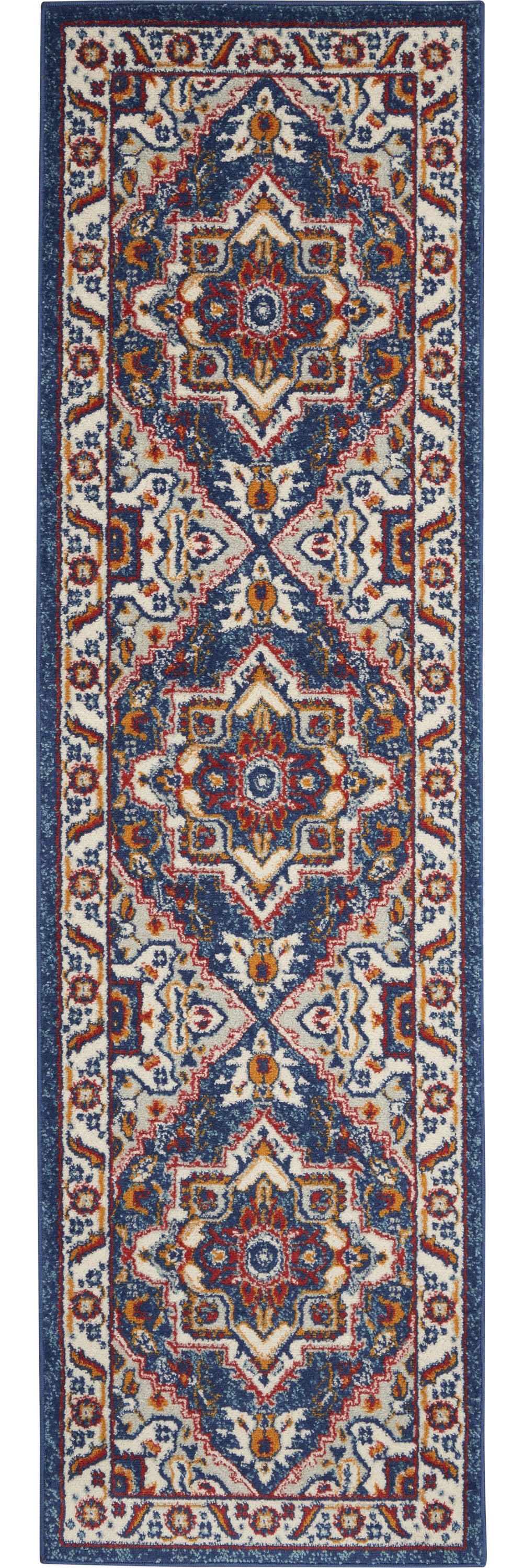 8' Blue And Ivory Power Loom Runner Rug