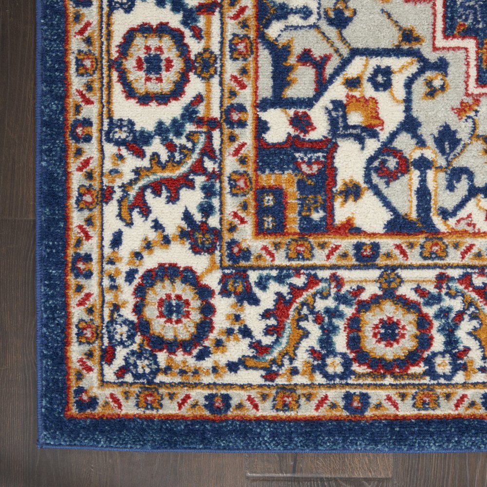 8' Blue And Ivory Medallion Distressed Runner Rug
