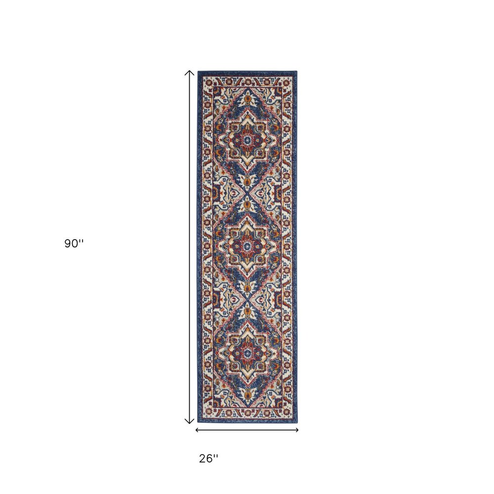 8' Blue And Ivory Medallion Distressed Runner Rug
