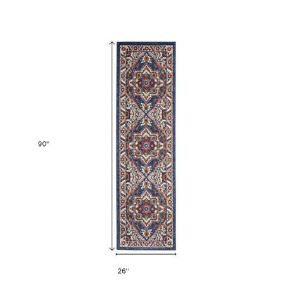 8' Blue And Ivory Medallion Distressed Runner Rug