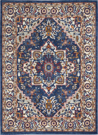 5' X 7' Blue And Ivory Medallion Distressed Area Rug