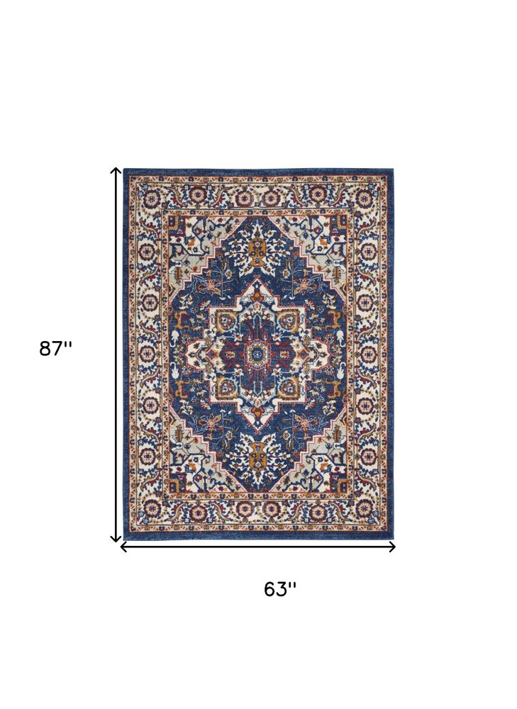 5' X 7' Blue And Ivory Medallion Distressed Area Rug