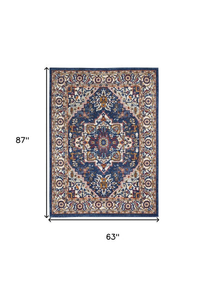 5' X 7' Blue And Ivory Medallion Distressed Area Rug