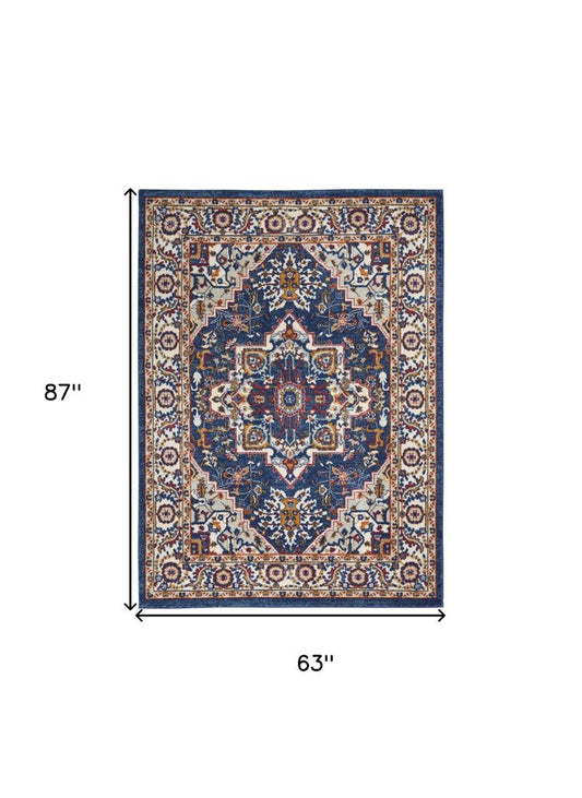 5' X 7' Blue And Ivory Medallion Distressed Area Rug