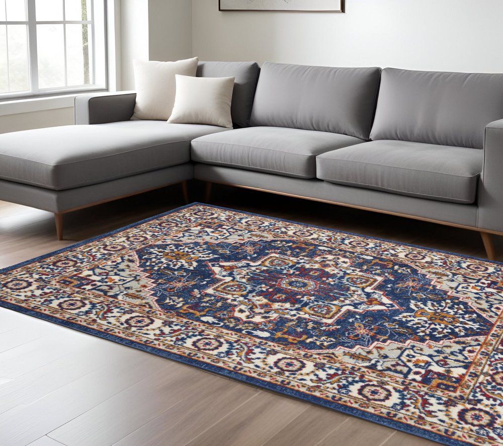 5' X 7' Blue And Ivory Medallion Distressed Area Rug
